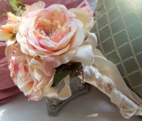 Victorian, Shabby Chic Bridal bouquet of Cabbage Roses in pink, blush and bone, with a pendant and pearl picks