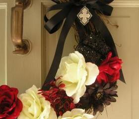 Gothic Inspired Wedding Wreath or Home Decor, Black, Red, White with rhinestone pendant decoration, 18 inches