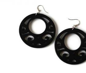 Big Wood Earrings with Filigree, in Black