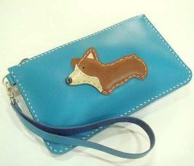 NaNa the Corgi leather Wristlet ( Turquoise )
