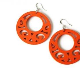 Wood Earrings in Tango Orange. Boho Style Earrings. Neon Earrings