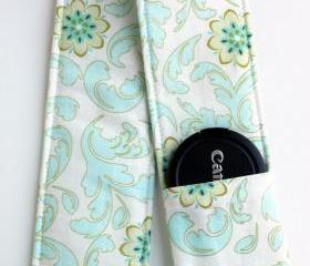 DSLR Camera Strap Cover - Padding and Lens Cap Pocket - Blue Cream Floral Damask