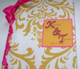 Handmade Wedding Guestbook/Album - Yellow & White Damask w/Fuschia Ribbon (custom colors available)
