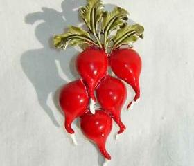 Vintage 40s Coro Red Enamel Radish Radishes Brooch Pin