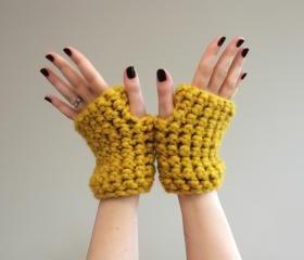 Mustard Yellow Chunky Crochet Wrist Warmers - fingerless gloves in Mustard Yellow