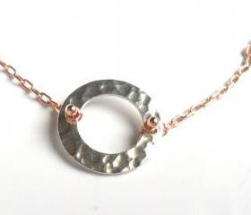 Simple Rose gold necklace, sterling silver hammered circle, Minimalist, Delicate everyday jewelry
