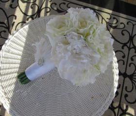 Real Touch Silk Bridal Bouquet - White Roses and Peonies with Feather and Rhinestone Accents