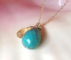 Turquoise drop paired with Lemon Quartz on adjustable 16-18" Gold Filled Chain