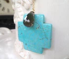 Large Turquoise Cross Pendant on Long 28' Gold Filled Chain