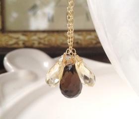 Triple Smoky and Lemon Quartz Drops on Gold Filled adjustable chain 16-18'