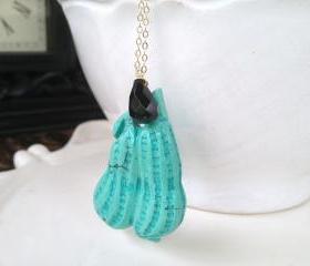 Unique Carved Turquoise Pendant with Black Onyx drop on Long Chain Gold Filled Chain 28'
