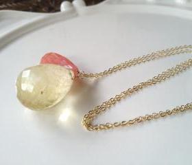 Large Lemon Quartz paired with Coral Quartz on long 28' Gold Filled chain.