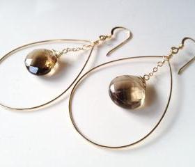 Smoky Quartz Circle Drop Earrings on Gold Filled Earrings.