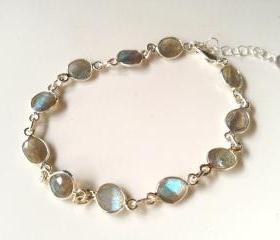 Labradorite on Sterling Silver 7-8' adjustable Bracelet. Labradorite stones are 1/4' in size