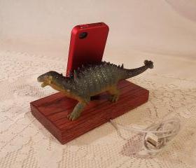 iPhone - iPod Dock -Charger and Sync Station - Oak - Big Spiked Green Dino - Scary - One of a Kind - Dinosaur