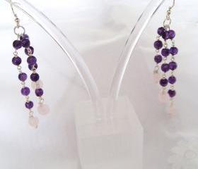 Amethyst / Rose Quartz Earrings Sterling Silver Drop style handmade jewelry