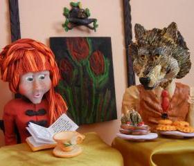 5 art postcards - In the Forest Cafe - wicked wolf fairytale art
