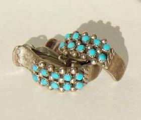 Vintage Zuni Indian Earrings 60s Sterling Silver & Turquoise Petit Point Cluster Earrings