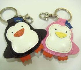 Penguin Groom and Bride leather charm ( Black and Pink )