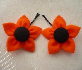 Orange Felt Flower, Hair Pins - Set of 2
