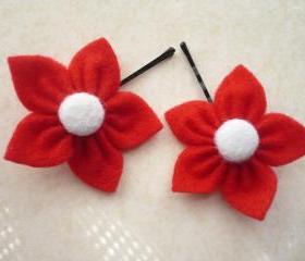 Red Felt Flower, Hair Pins - Set of 2
