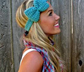 Tahitian Turquoise Bow Headband with Natural Vegan Coconut Shell Buttons - Adjustable