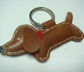 Copper the dachshund Leather Keychain ( Dark Brown )