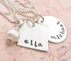 Sterling silver jewelry: personalized necklace custom engraved names silver jewelry square charm