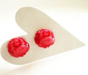 Spicy Red Rose Buds Resin Stud Earrings