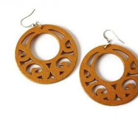 Big Gold Earrings in Wood. Gold Tone Wood Dangle Earrings. Boho Style.