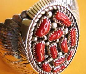 Vintage Sterling Silver Coral Southwestern Bracelet Cuff