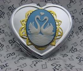 Sweetheart Swans Silver Heart Compact Mirror In Blue