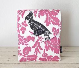 iPad Case - Pink Black Bird Parakeet Flowers - Padded with Pocket