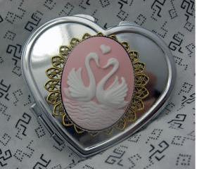 Sweetheart Swans Silver Heart Compact Mirror In Pink