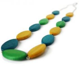 Long Wood Necklace, Teal, Lime Green and Mustard Yellow Beaded Necklace
