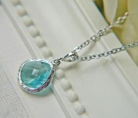 Sale. Aquamarine Light Blue Glass Pendant Necklace. Silver. Modern. Elegant