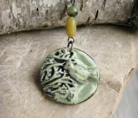 Bird Polymer Clay Pendant Necklace in Earthy Tones