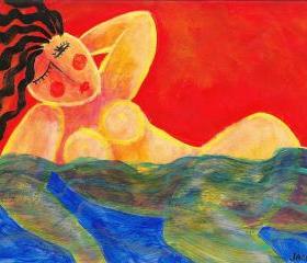 Hand Painted Ceramic Tile with Funky Abstract Portrait of Woman Swimming in the Ocean