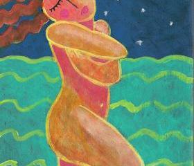 Hand Painted Ceramic Tile With Funky Abstract Painting of Woman Wading in the Ocean