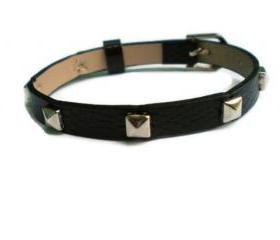 Leather Bracelet With Studs - Silver Tone Pyramid Studs - 8mm Black Strap - Adjustable