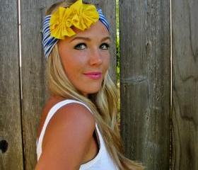 Nautical Jersey Knit Headband with Jersey Fabric Flowers