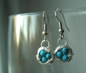 Blue Bird Nest Earrings Wire Wrapped 