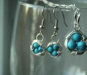 Blue Bird Nest Earrings And Necklace Set Wire Wrapped 