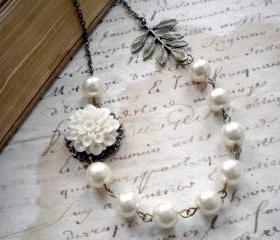 Bridal Necklace - White Glass Pearls - Vintage Bronze Leaf