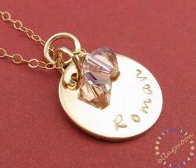 Hand stamped gold necklace: 14K gold filled disc charm necklace with birthstone