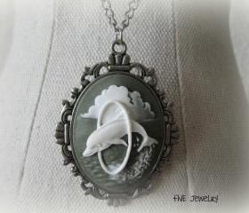 Oval Dolphin Pendant on Antique Silver Chain Necklace - Jewelry by FIVE