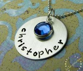 Hand Stamped Jewelry - Hand Stamped Necklace - Personalized Charm Necklace - Sterling Silver - Crystal Charm - Handstamped Jewelry