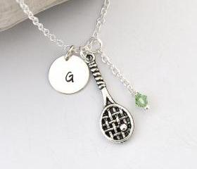 Tennis Necklace, Birthstone Initial Necklace, Monogram, Racket, Racquet Charm, Sport Jewelry, Personalized necklace, tennis team