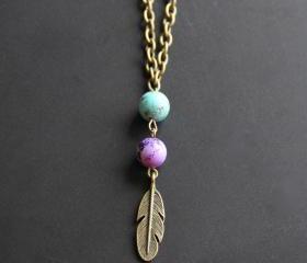 Blue and Purple Brass Feather Necklace