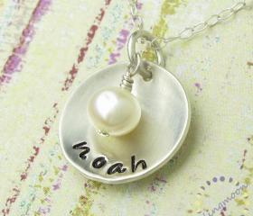 Mothers Hand Stamped Jewelry - Personalized Sterling Silver Necklace - Domed Pendant